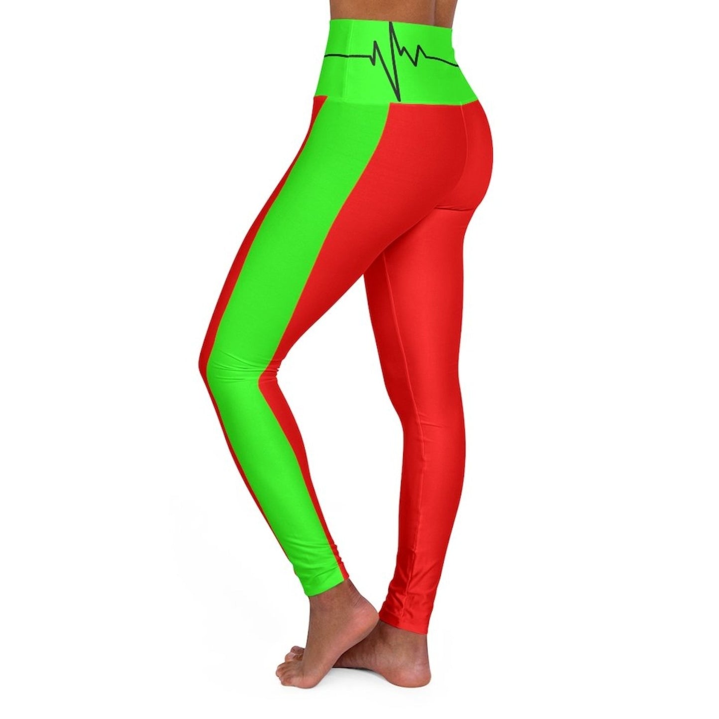 High Waisted Yoga Leggings, Red And Neon Green Beating Heart Sports