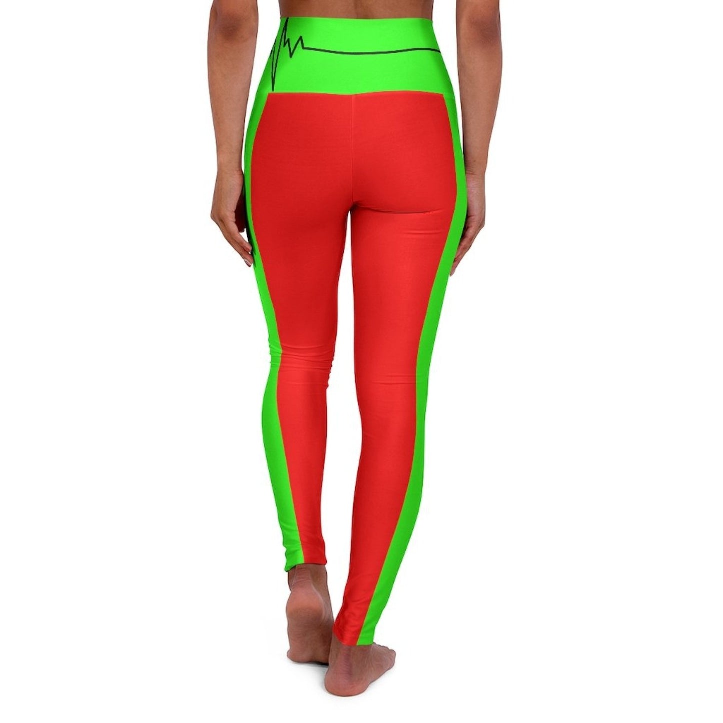 High Waisted Yoga Leggings, Red And Neon Green Beating Heart Sports