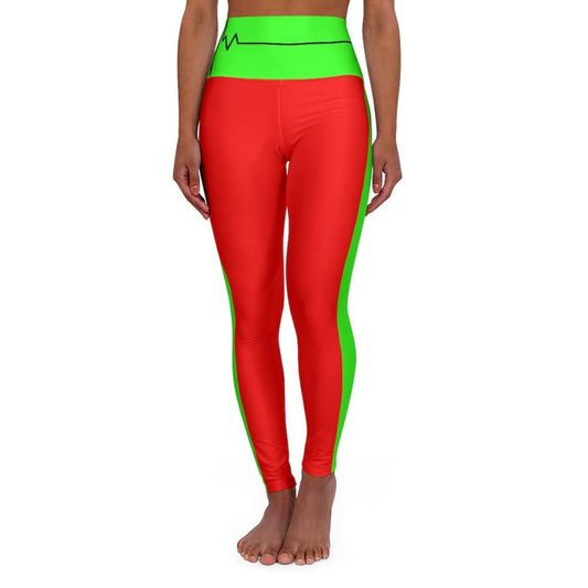 High Waisted Yoga Leggings, Red And Neon Green Beating Heart Sports