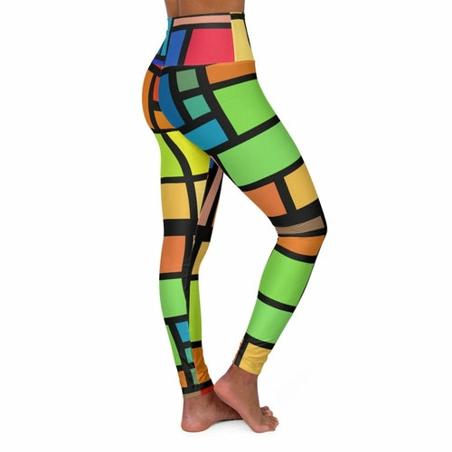 Womens High-waist Fitness Legging Yoga Pants, Multicolor Grid Block