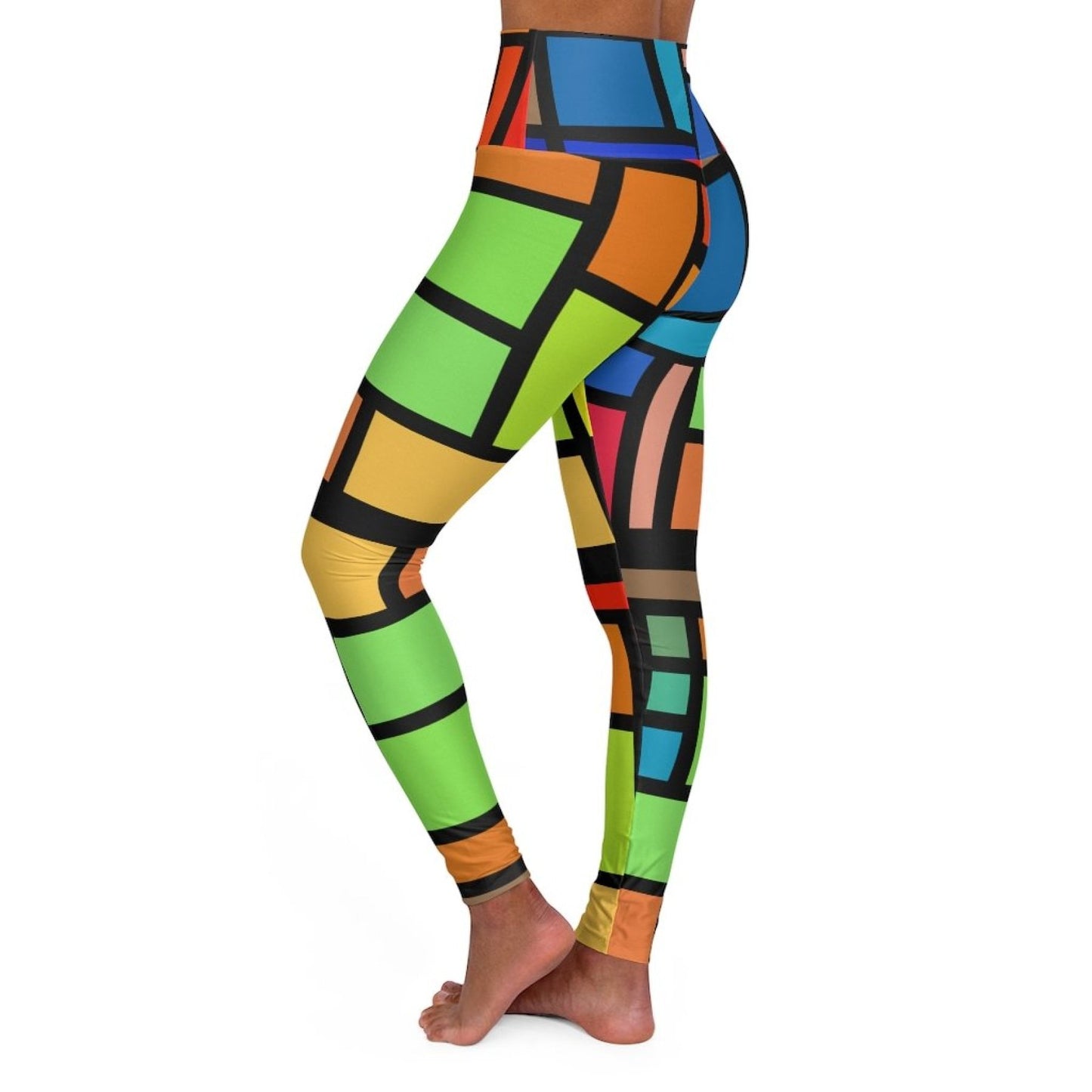 Womens High-waist Fitness Legging Yoga Pants, Multicolor Grid Block