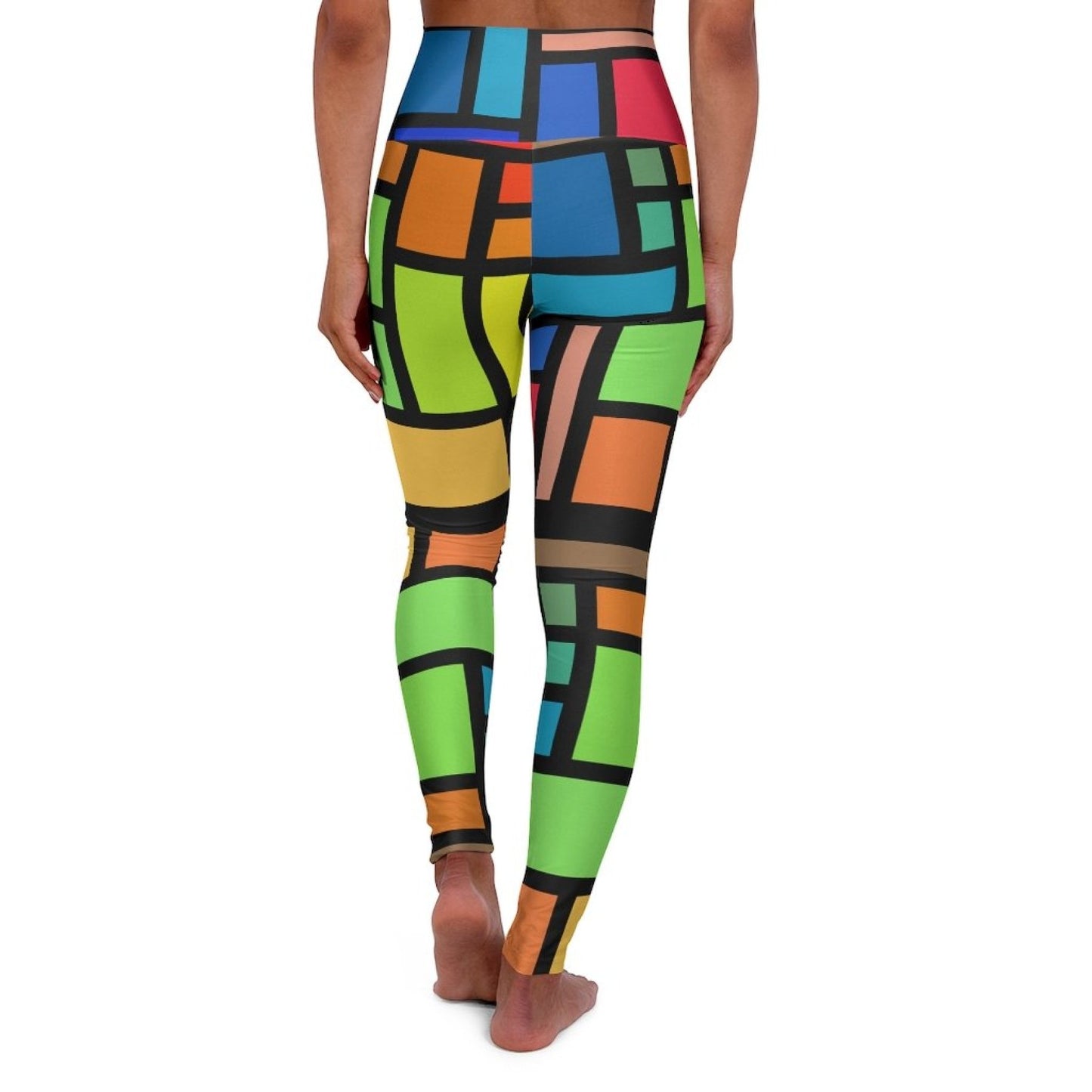 Womens High-waist Fitness Legging Yoga Pants, Multicolor Grid Block