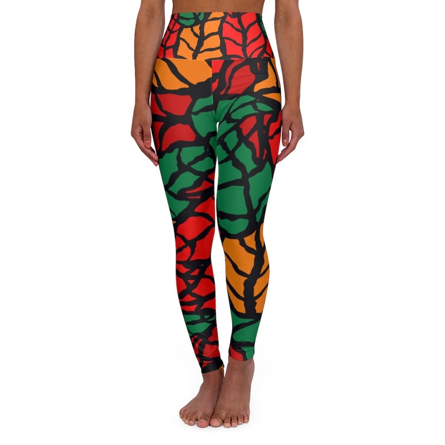 Womens High-waist Fitness Legging Yoga Pants, Red Green Autumn Leaf