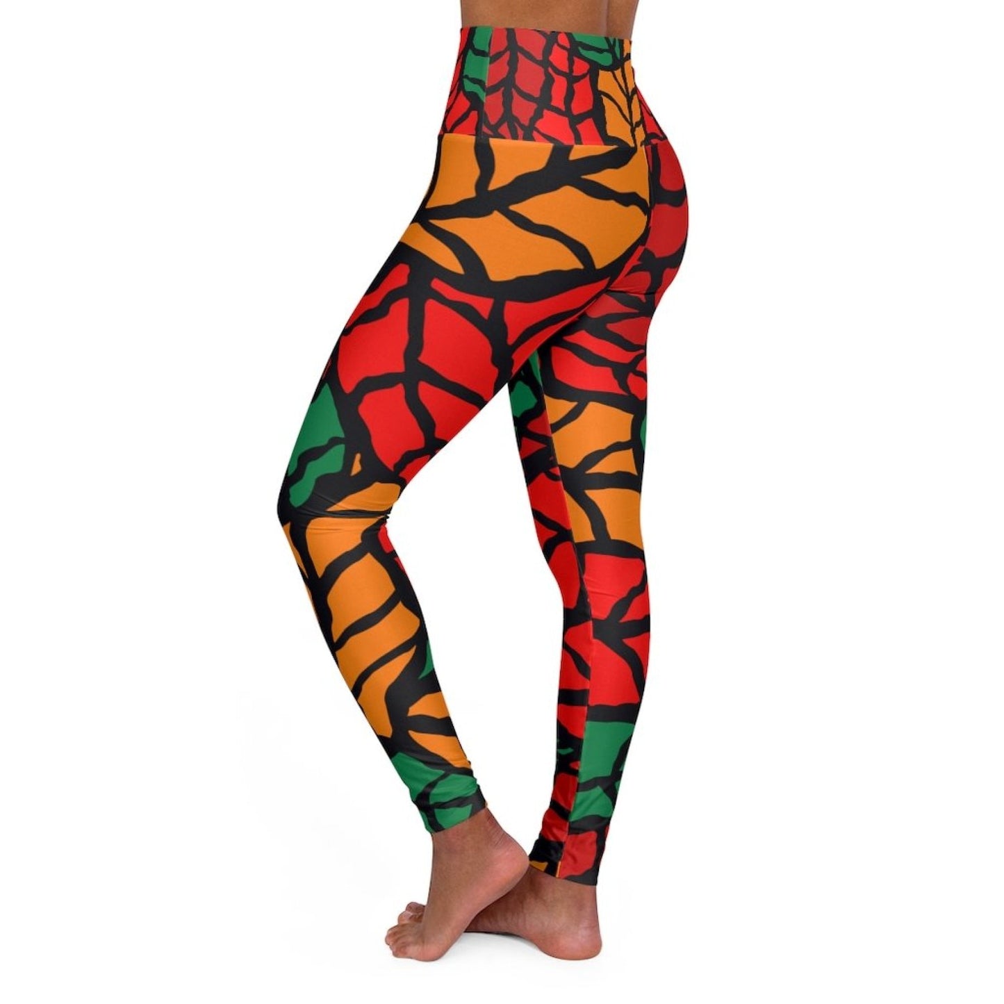 Womens High-waist Fitness Legging Yoga Pants, Red Green Autumn Leaf