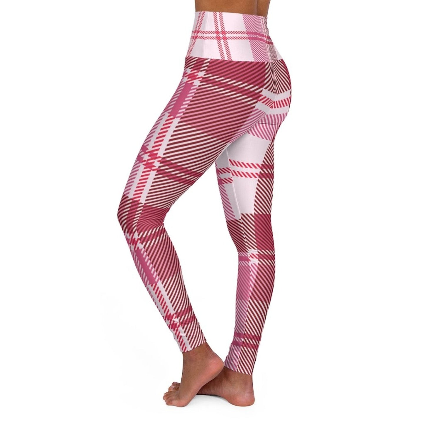 Womens High Waist Fitness Leggings / Yoga Pants, Pink Plaid