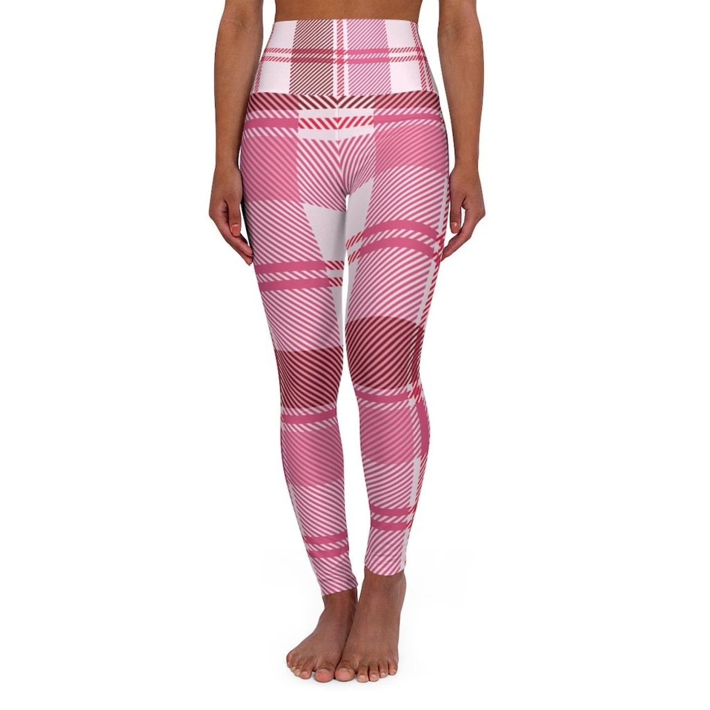 Womens High Waist Fitness Leggings / Yoga Pants, Pink Plaid